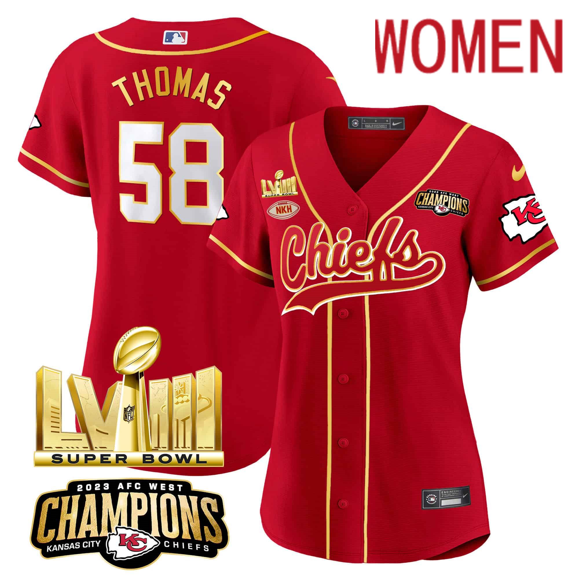 Women Kansas City Chiefs #58 Thomas Red 2024 Nike Super Bowl LVIII Back-2-Back Gold Patch Baseball NFL Jersey->women nfl jersey->Women Jersey